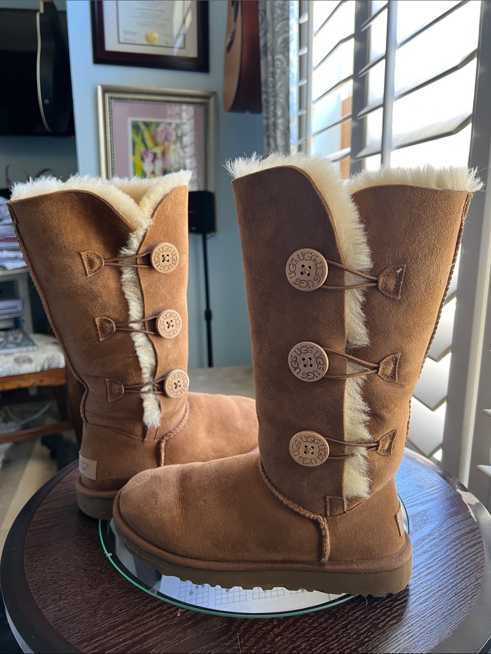 Worn once, UGG, size 8, Chestnut 3 button Bailey Shearling Mid-Calf Boots